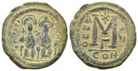 Justin II with Sophia (565-578). Æ 40 Nummi (29mm, 14.7 g ). Constantinople, year 7 (571/2). Nimbate figures of Justin and Sophia seated facing on dou...