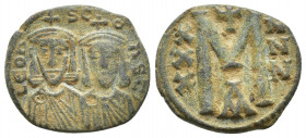 Leo V the Armenian, with Constantine, (813-820 AD) Constantinople AE Follis (20mm, 4.5g) Obv: LEON S C-ONST' Facing busts of Leo V, with short beard, ...