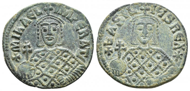 Michael III The Drunkard, with Basil I AD 842-867. Constantinople Follis Æ (25mm...