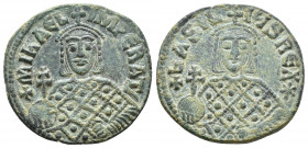 Michael III The Drunkard, with Basil I AD 842-867. Constantinople Follis Æ (25mm., 7.9g ) + MIҺAEL IMPERAT, crowned facing bust of Michael, holding ak...