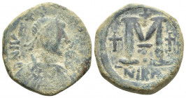 Justin I and Justinian I Æ Follis.Justin I and Justinian I Æ Follis. Nicomedia, 4th April - 1st August AD 527. (28mm, 17.5 g) Pearl-diademed, draped a...