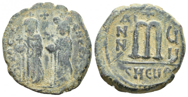 Phocas with Leontia, 602 - 610 AD AE Follis, Theoupolis Mint, (26mm, 9.9 g) Obve...