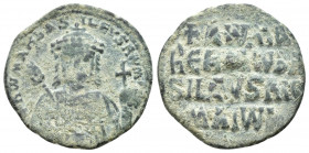Constantine VII Porphyrogenitus, with Romanus I and Christopher. AD 913-959. Byzantine Follis Æ (25mm, 6.8 g) RωmAn bASILEVS Rωm Faced bust of Romanus...