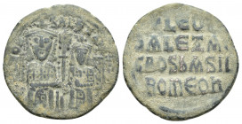 Leo VI with Alexander AD 886-912. Constantinople Follis Æ (25mm, 6.3g) +LEOn S ALEXAnGROS, Leo VI and Alexander, each crowned and wearing loros, seate...
