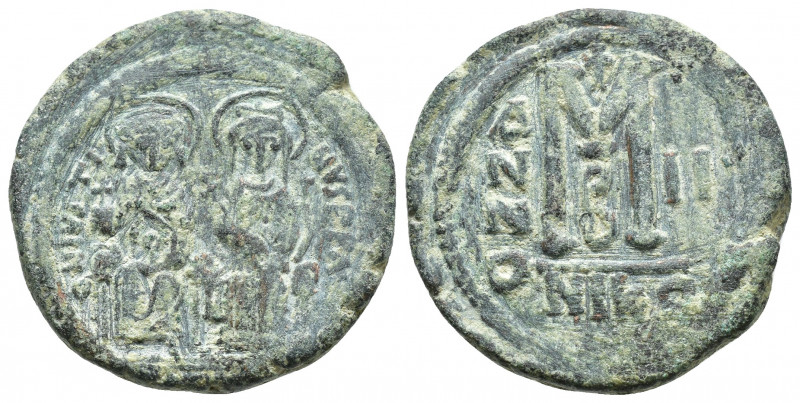 Justin II, with Sophia. 565-578. Æ Follis (28mm, 15.3 g). Nicomedia mint, Dated ...