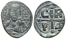 Romanus IV Æ Nummus. Constantinople, AD 1068-1071. (27mm, 5.6 g) Bust of Christ facing with pelleted cross behind head, wearing tunic and himation, ho...