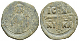 Time of Michael IV. Circa 1034-1041, Crusades era. Æ follis (anonymous). (28mm, 8.1 g) Constantinople mint. Christ standing facing, holding Gospels an...