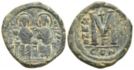 Justin II and Sophia AD 565-578. Constantinople Follis Æ (29mm., 16.4g ) D N VSTINVS P P AV, Justin left and Sophia right, seated facing on double-thr...