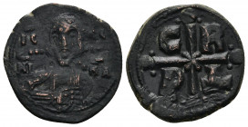 Romanus IV Æ Nummus. Constantinople, AD 1068-1071. (24.8mm, 6.75g) Bust of Christ facing with pelleted cross behind head, wearing tunic and himation, ...