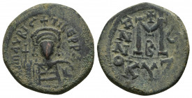 MAURICE TIBERIUS (582-602). Follis. Cyzicus. Dated RY 8 (590/1). (26.2mm, 12.3 g) Obv: Helmeted and cuirassed bust facing, holding globus cruciger and...
