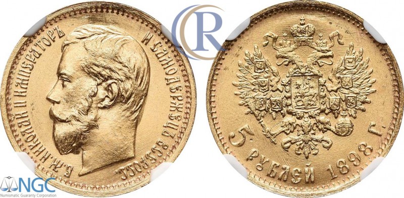 Russia. 5 рублей 1898 года. АГ-(АГ). Золото. Советский чекан. Аверс: портрет "бо...