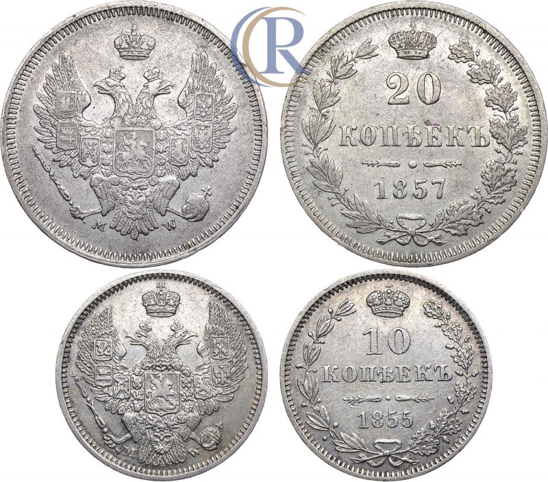 Russia. Лот из двух монет Серебро,  г. 20 копеек 1857 года. MW. Вес 4,10г. Варша...