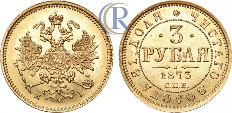 Russia. 3 рубля 1873 года. СПБ-НI. Золото, 3,94 г.  Узденников 0263(•). Биткин 3...
