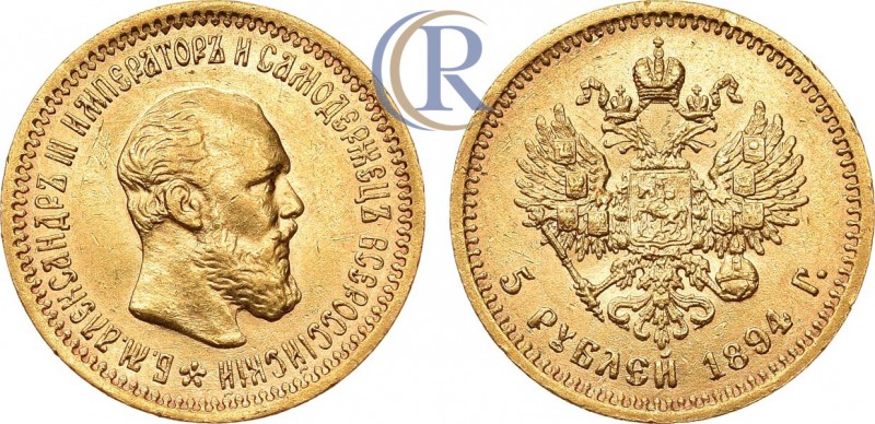 Russia. 5 рублей 1894 года. АГ-(АГ). Золото, 6,44 г.  Узденников 0313(•). Биткин...