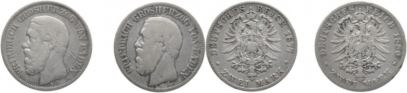 REICHSSILBERMÜNZEN BADEN
Friedrich I., 1856-1907. 2 Mark 1877 G und 1880 G. J. ...