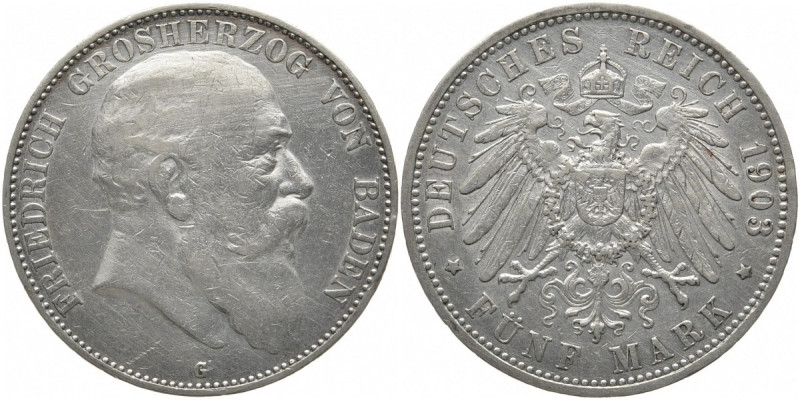REICHSSILBERMÜNZEN BADEN
Friedrich I., 1856-1907. 5 Mark 1903 G. J. 33. 27.60 g...