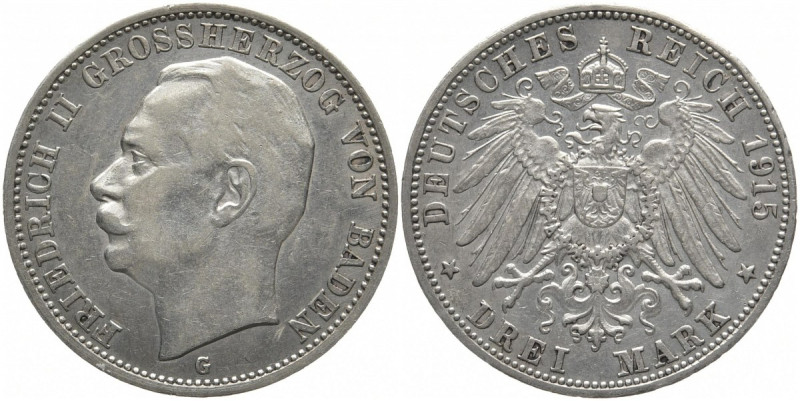 REICHSSILBERMÜNZEN BADEN
Friedrich II., 1907-1918. 3 Mark 1915 G. J. 39. 16.57 ...