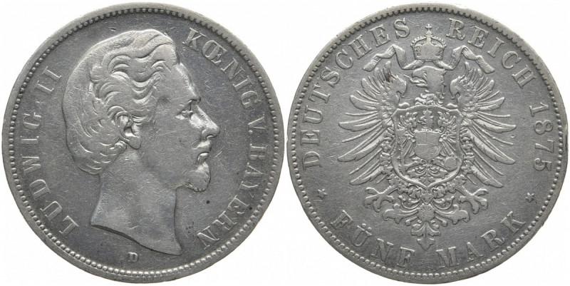 REICHSSILBERMÜNZEN BAYERN
Ludwig II., 1864-1886. 5 Mark 1875 D. J. 42. 27.37 g....