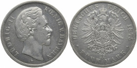 REICHSSILBERMÜNZEN BAYERN
Ludwig II., 1864-1886. 5 Mark 1875 D. J. 42. 27.37 g. Fast sehr schön