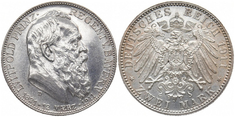 REICHSSILBERMÜNZEN BAYERN
Luitpold, Prinzregent, 1886-1912. 2 Mark 1911. 90. Ge...