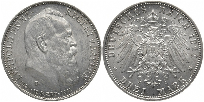 REICHSSILBERMÜNZEN BAYERN
Luitpold, Prinzregent, 1886-1912. 3 Mark 1911. 90. Ge...
