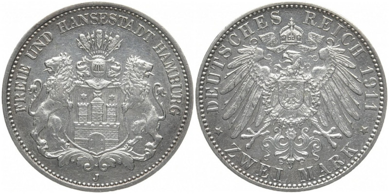 REICHSSILBERMÜNZEN HAMBURG
Freie und Hansestadt. 2 Mark 1911 J. J. 63. 11.13 g....