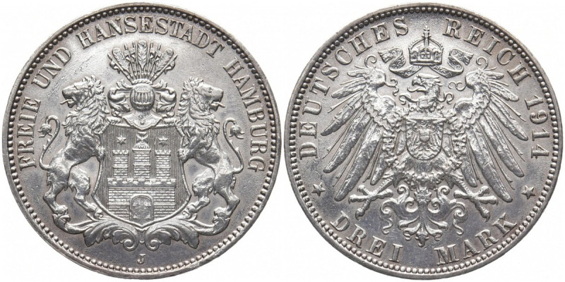 REICHSSILBERMÜNZEN HAMBURG
Freie und Hansestadt. 3 Mark 1914 J. J. 64. 16.65 g....