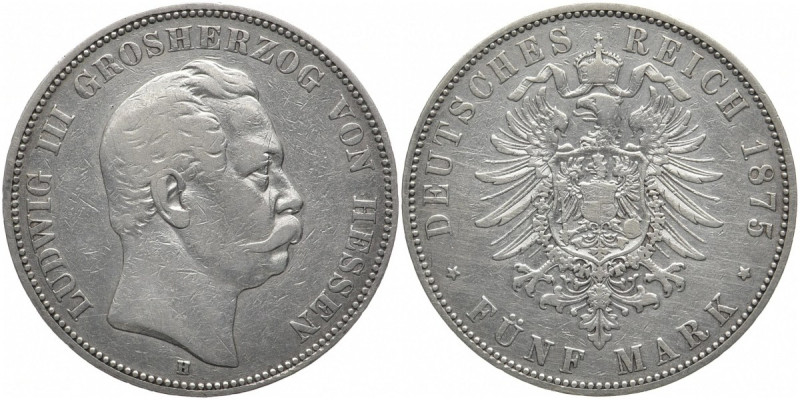 REICHSSILBERMÜNZEN HESSEN
Ludwig III., 1848-1877. 5 Mark 1875 H. J. 67. 27.53 g...