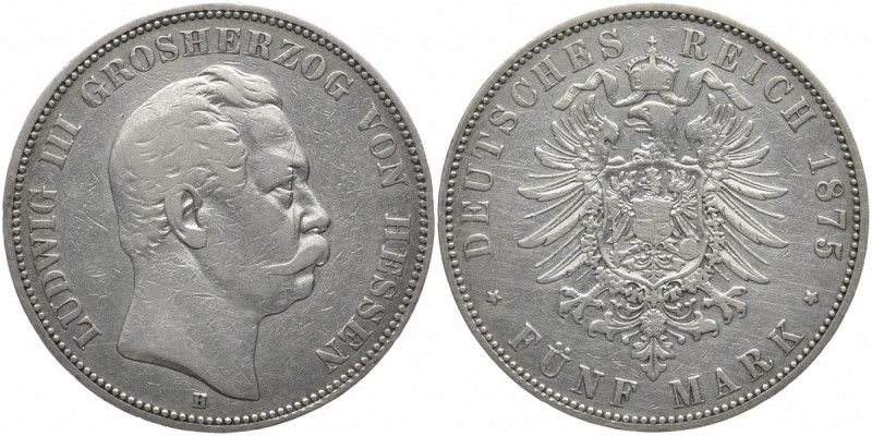 REICHSSILBERMÜNZEN HESSEN
Ludwig III., 1848-1877. 5 Mark 1875 H. J. 67. 27.53 g...