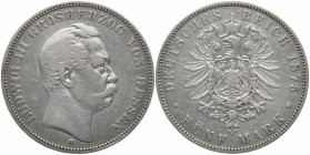 REICHSSILBERMÜNZEN HESSEN
Ludwig III., 1848-1877. 5 Mark 1875 H. J. 67. 27.53 g. Berieben, schön-sehr schön