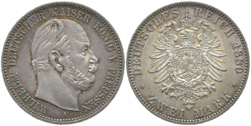 REICHSSILBERMÜNZEN PREUSSEN
Wilhelm I., 1861-1888. 2 Mark 1880. J. 96. 11.09 g....