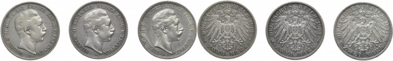 REICHSSILBERMÜNZEN PREUSSEN
Wilhelm II., 1888-1918. 2 Mark 1902 A, 1904 A und 1...