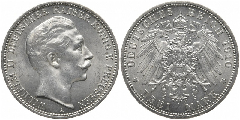 REICHSSILBERMÜNZEN PREUSSEN
Wilhelm II., 1888-1918. 3 Mark 1910 A. J. 103. 16.6...