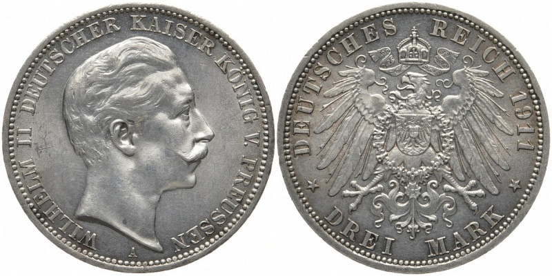 REICHSSILBERMÜNZEN PREUSSEN
Wilhelm II., 1888-1918. 3 Mark 1911 A. J. 103. 16.7...