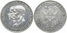 REICHSSILBERMÜNZEN PREUSSEN
Wilhelm II., 1888-1918. 3 Mark 1911 A. Universität Breslau. J. 108. 16.67 g. Vorzüglich +