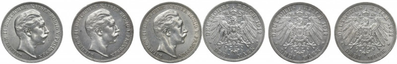 REICHSSILBERMÜNZEN PREUSSEN
Wilhelm II., 1888-1918. 3 Mark 1911 A, 1912 A(2x). ...