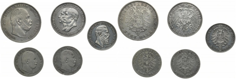 REICHSSILBERMÜNZEN PREUSSEN
 Lot. Wilhelm I, 2 Mark 1876, 1877 (J.96), 5 Mark 1...