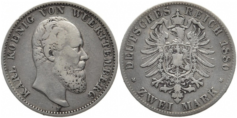 REICHSSILBERMÜNZEN WÜRTTEMBERG
Karl, 1864-1891. 2 Mark 1880 F. J. 172. 10.93 g....