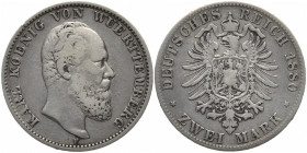REICHSSILBERMÜNZEN WÜRTTEMBERG
Karl, 1864-1891. 2 Mark 1880 F. J. 172. 10.93 g. Fast sehr schön