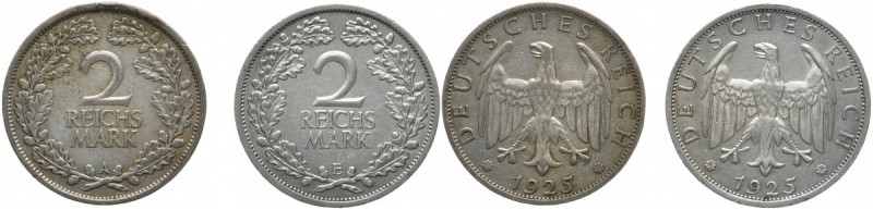 WEIMARER REPUBLIK
 2 Reichsmark 1925 A, E. J. 320. 2 Stück. 20.05 g. Kl. Randfe...