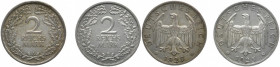 WEIMARER REPUBLIK
 2 Reichsmark 1925 A, E. J. 320. 2 Stück. 20.05 g. Kl. Randfehler (1x), sehr schön-vorzüglich