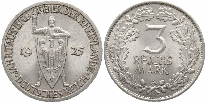 WEIMARER REPUBLIK
 3 Reichsmark 1925 A. J. 321. 14.97 g. Fast Stempelglanz