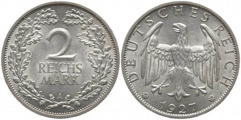 WEIMARER REPUBLIK
 2 Reichsmark 1927 A. J. 320. 10.09 g. Vorzüglich-Stempelglan...