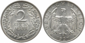 WEIMARER REPUBLIK
 2 Reichsmark 1927 A. J. 320. 10.09 g. Vorzüglich-Stempelglanz