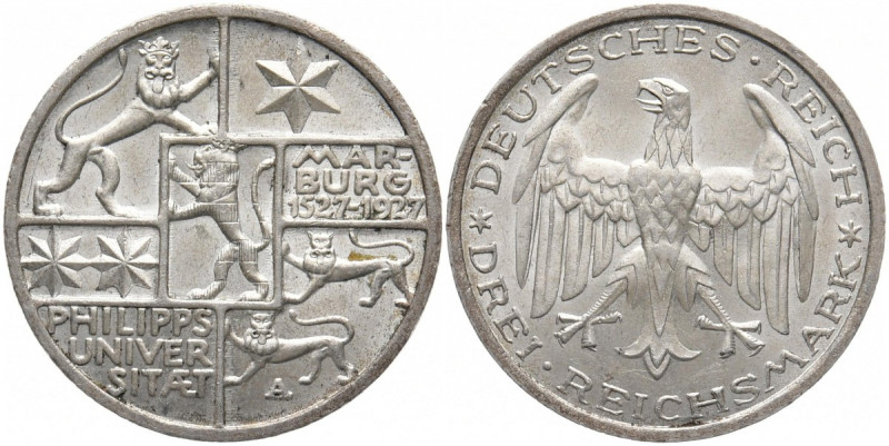 WEIMARER REPUBLIK
 3 Reichsmark 1927 A. Universität Marburg. 15.04 g. Vorzüglic...