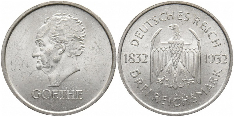 WEIMARER REPUBLIK
 3 Mark 1932 A. Goethe. J. 350. 14.98 g. Vorzüglich