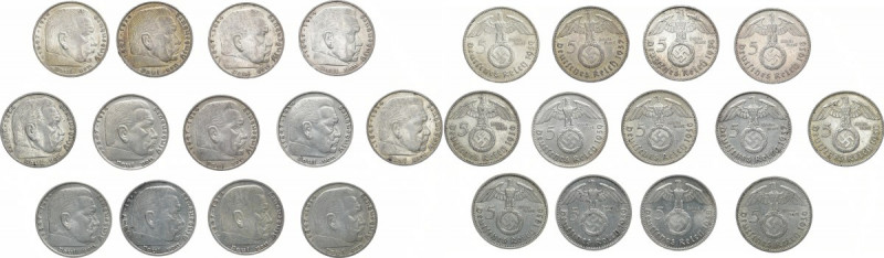 DRITTES REICH
 Lot. Hindenburg. 5 Reichsmark 1936 A (4x), 1937 A, J; 1938 A (2x...