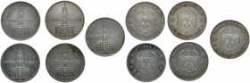 DRITTES REICH
 Lot. Garnisonskirche mit Datum. 2 Reichsmark 1934 A (2x), E, F (2x). J. 355. 5 Stück. 39.80 g. Sehr schön