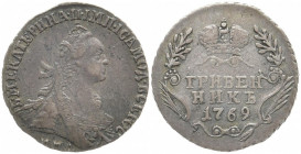 RUSSLAND GROSSFUERSTENTUM / KAISERREICH
Katharina II., 1762 - 1796. Griwennik 1769, MMD, Moskau, Roter Münzhof. Bitkin 177. 2.76 g. Sehr schön