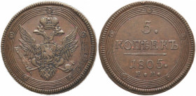 RUSSLAND GROSSFUERSTENTUM / KAISERREICH
Alexander I., 1801 - 1825. Ku.- 5 kopeken 1803 EM, Ekaterinburg. Bitkin 292. 52.83 g. Kl. Kratzer auf der Vor...